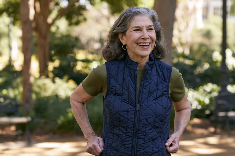 Senior woman smiling with hands on hips in a sunlit park