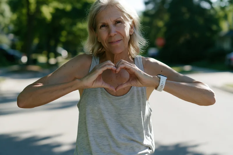 Senior woman making heart gesture with hands while standing on paved street in park during daytime