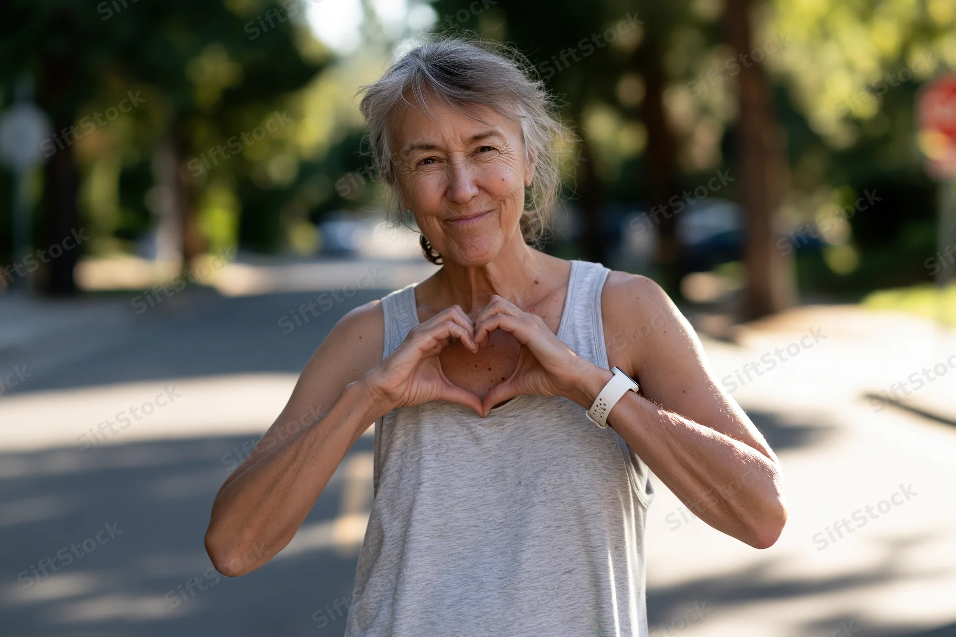 Senior woman making heart gesture with hands while standing on park street