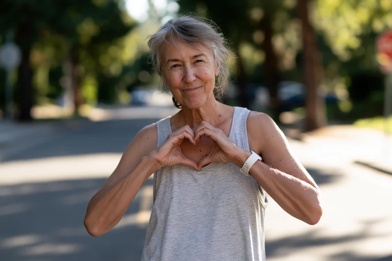Senior woman making heart gesture with hands while standing on park street