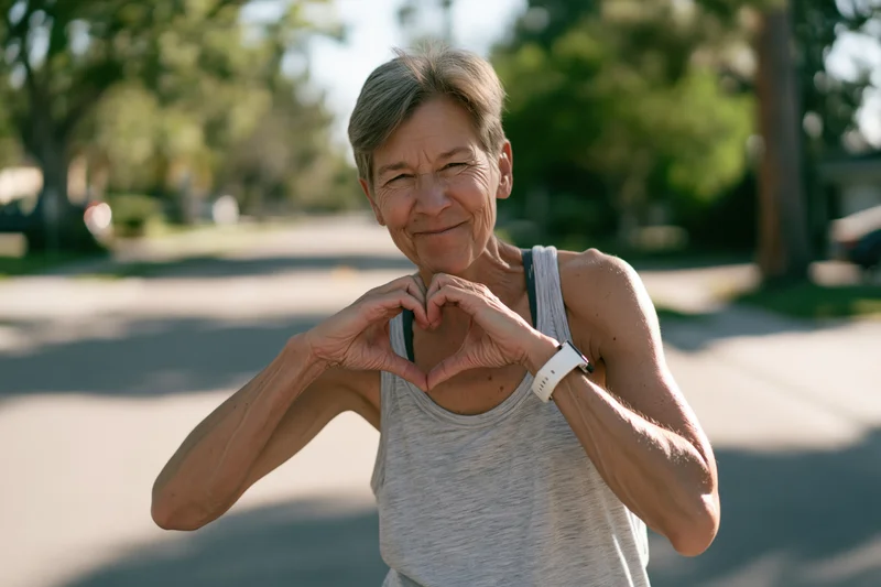 Senior woman making heart gesture with hands while standing on park sidewalk