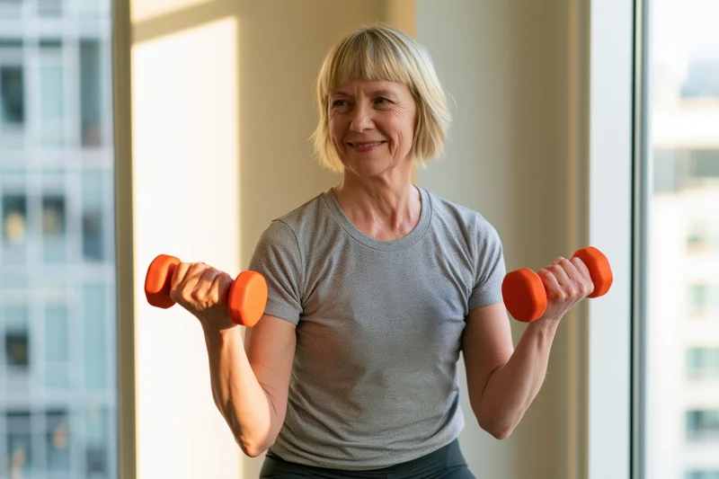 Senior woman lifting dumbbells indoors by a window smiling at camera