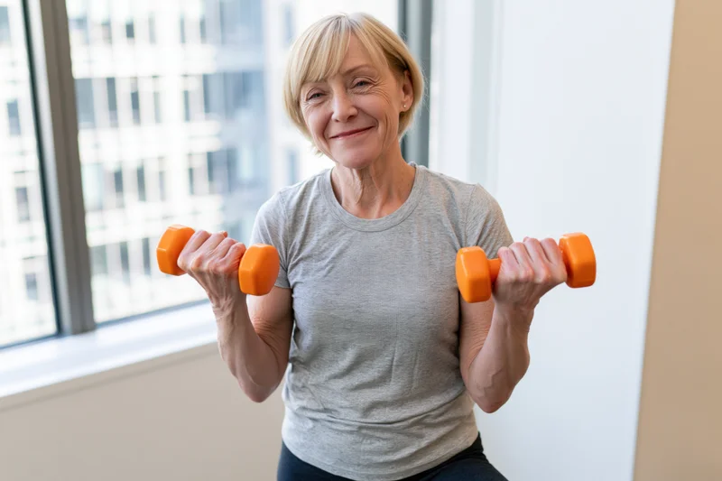 Senior woman smiling while lifting orange dumbbells indoors near a window