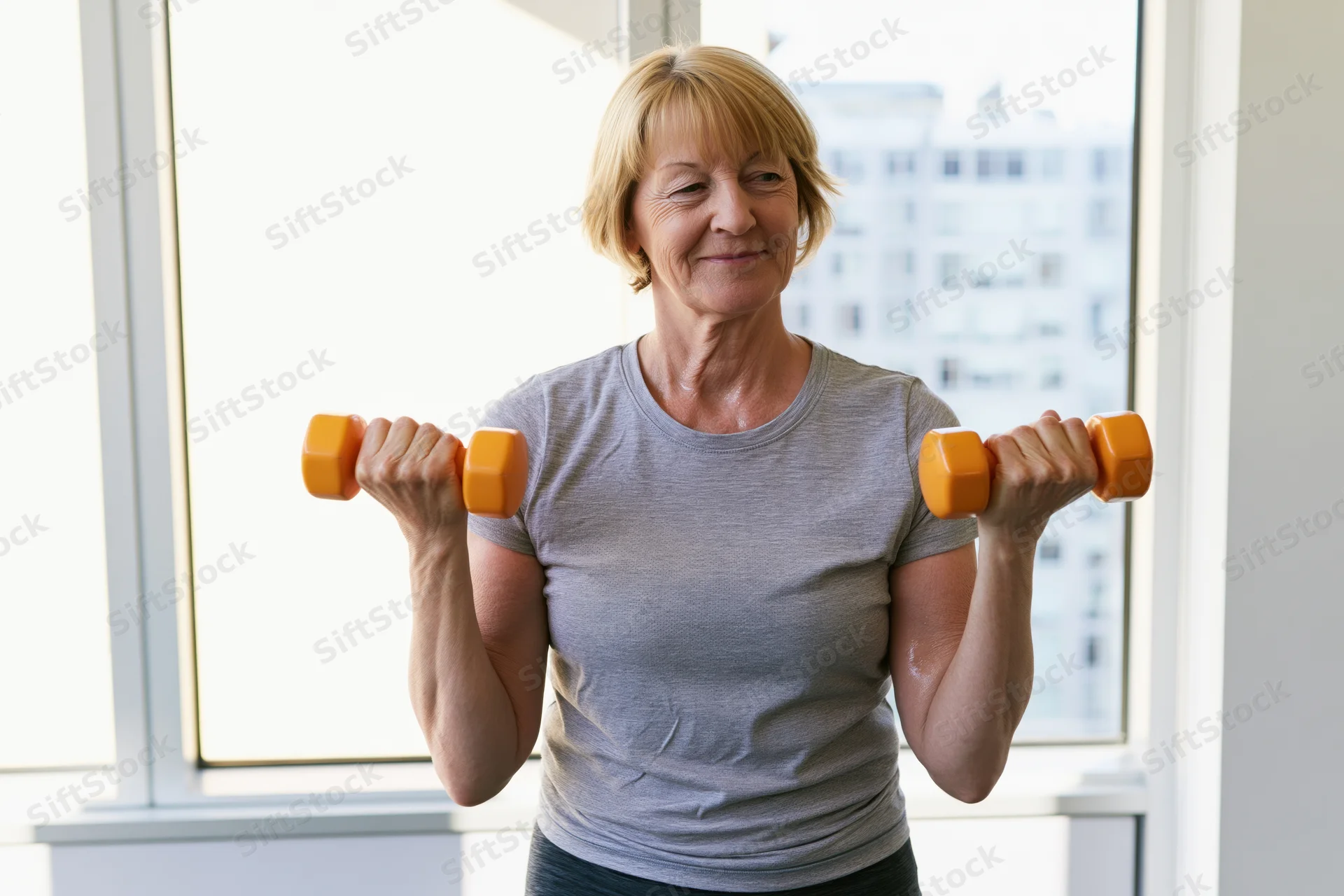Senior woman lifting orange dumbbells in front of a window at home
