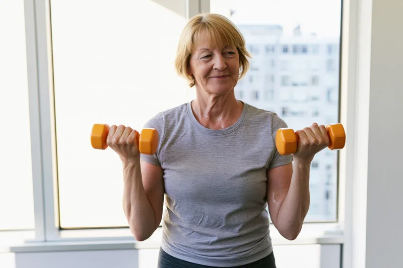 Senior woman lifting orange dumbbells in front of a window at home