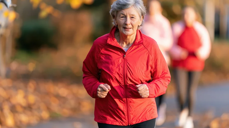 Senior woman jogging on a leaf-covered path in autumn park with companions behind