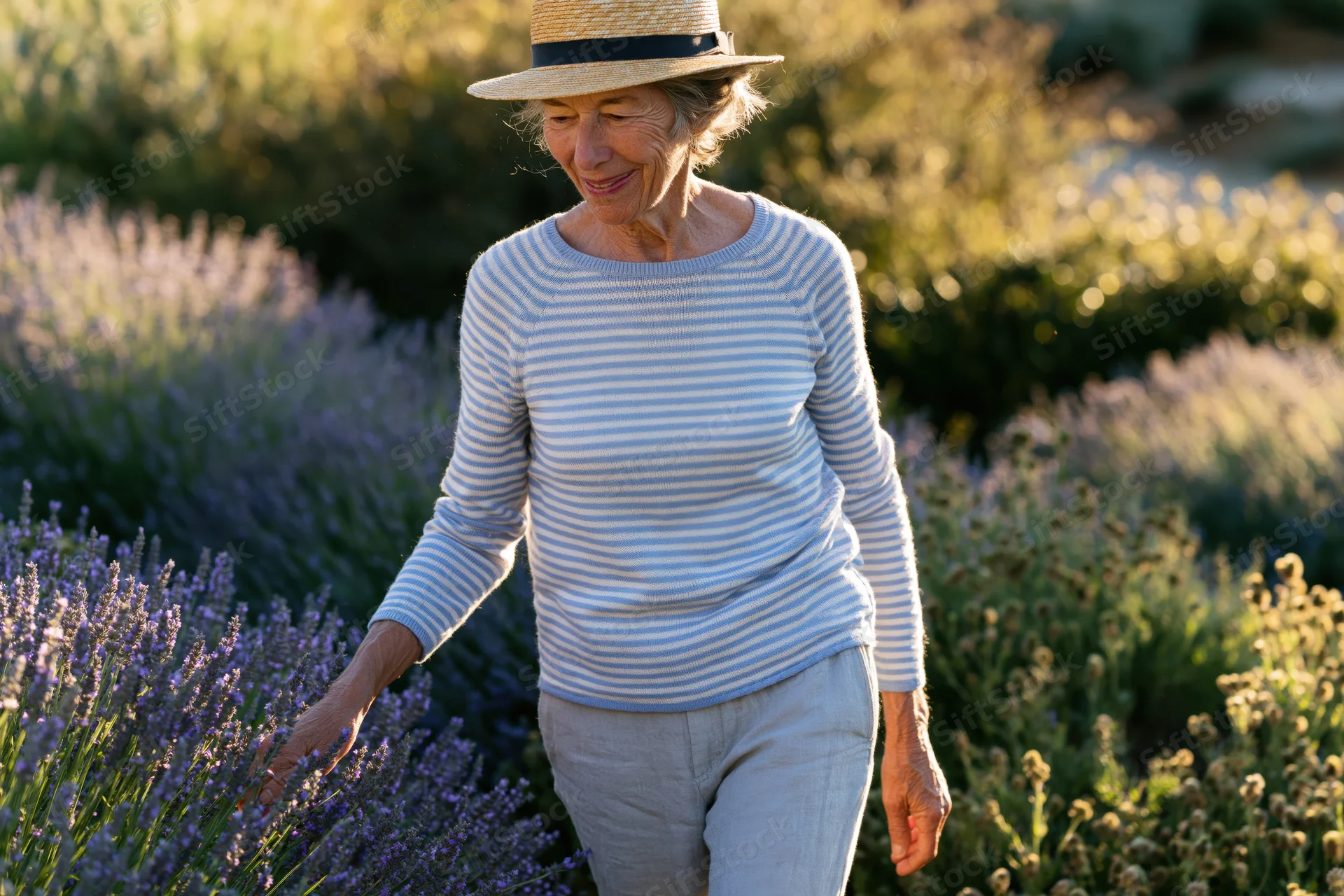 Senior woman walking through lavender field in garden, touching flowers, golden hour light
