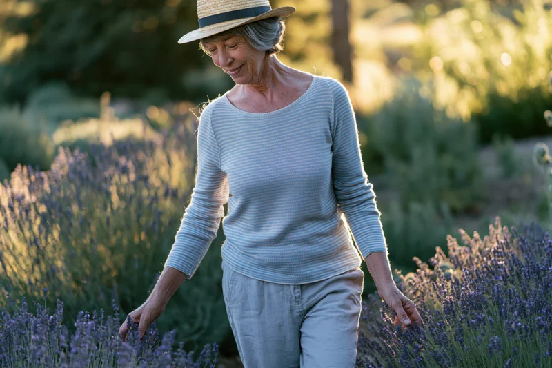 Senior woman walking through lavender field smiling, wearing straw hat and striped sweater, outdoors in garden at golden hour