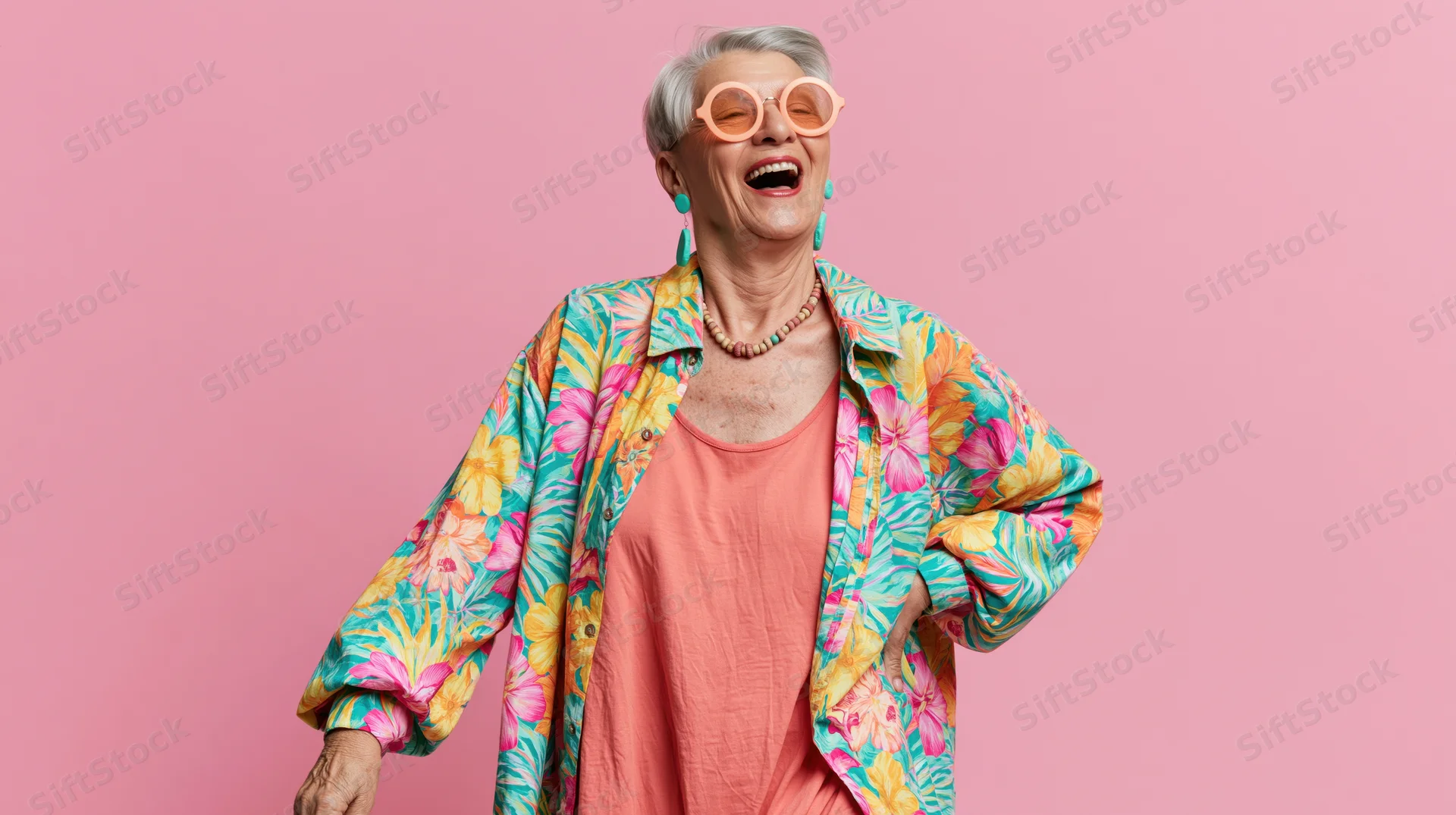 Senior woman laughing joyfully in colorful floral jacket and round sunglasses against pink background