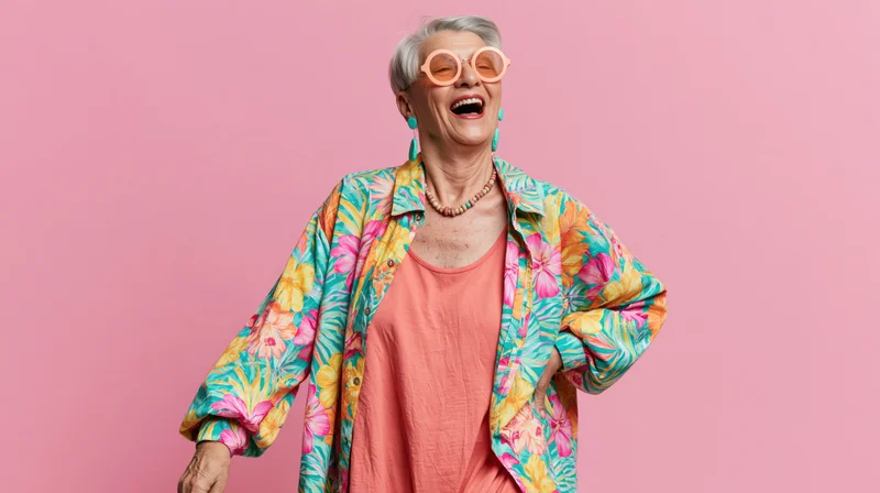 Senior woman laughing joyfully in colorful floral jacket and round sunglasses against pink background