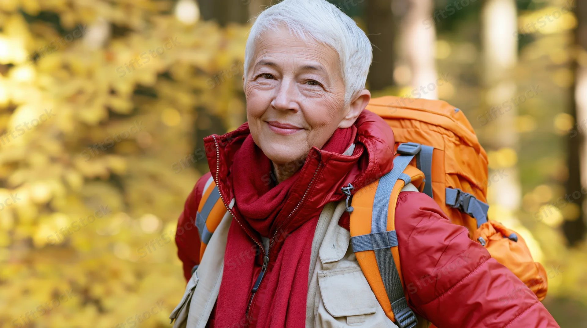 Senior woman smiling while hiking in a forest with autumn foliage, wearing a red jacket and orange backpack