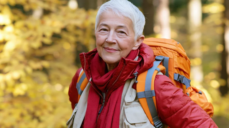 Senior woman smiling while hiking in a forest with autumn foliage, wearing a red jacket and orange backpack