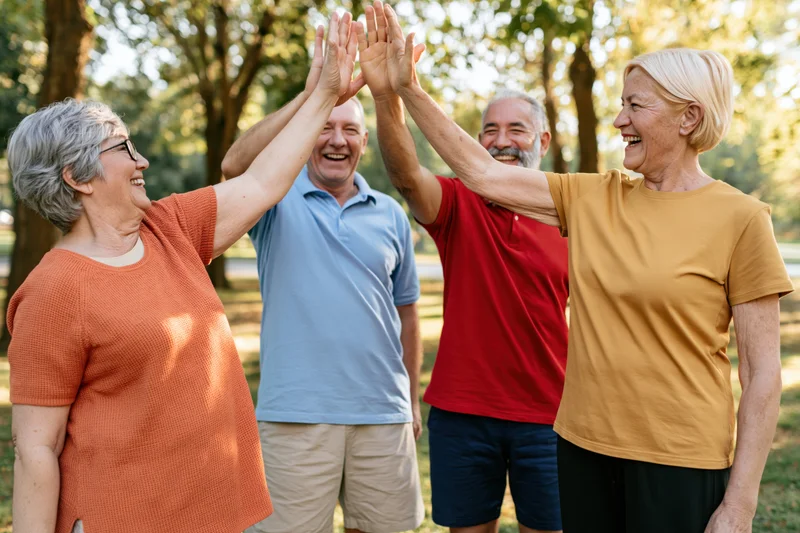 Four seniors giving high fives in a park during daytime