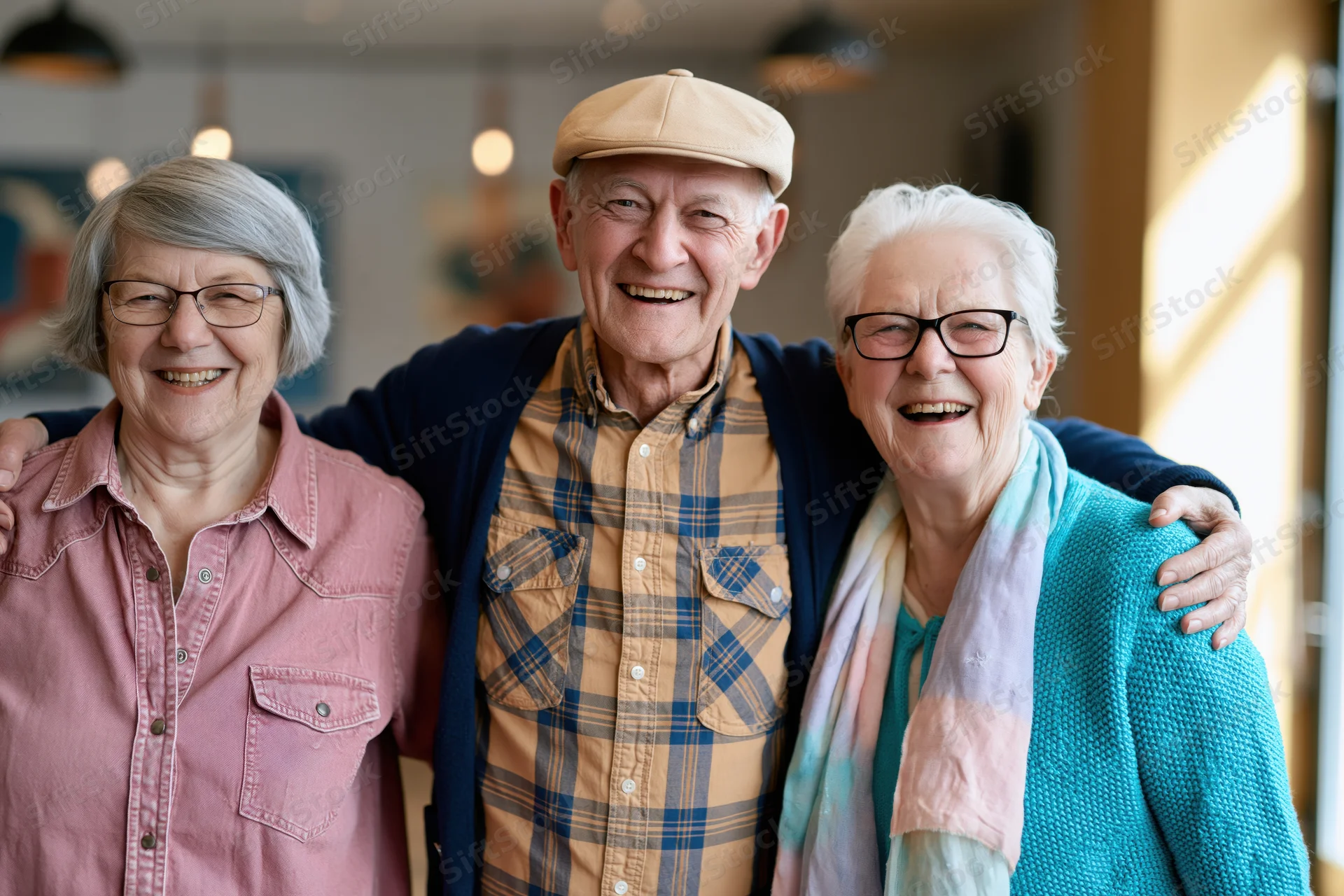 Three smiling elderly friends standing together indoors with arms around each other