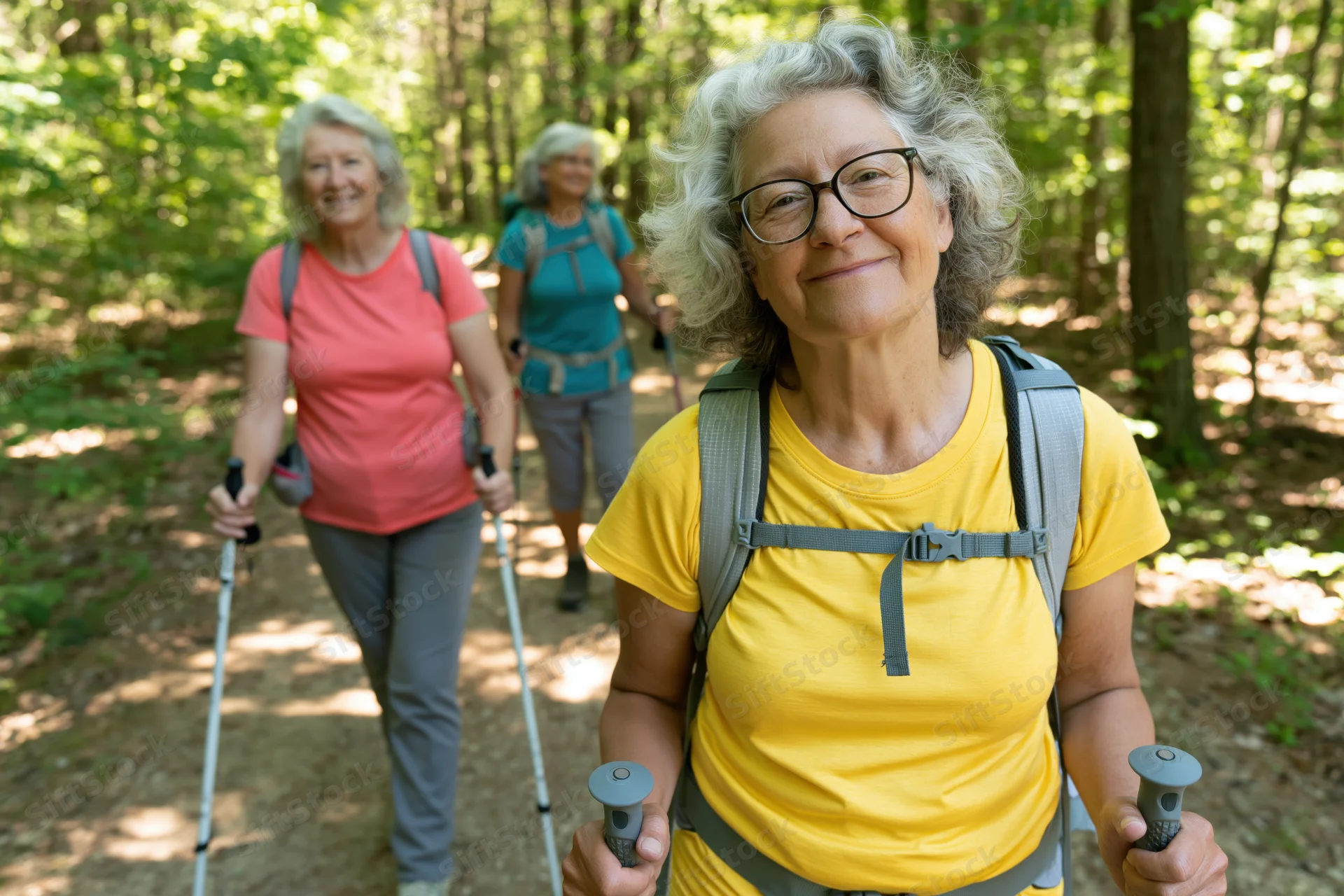 Three senior women hiking with trekking poles on a forest trail, smiling and wearing backpacks and casual sportswear