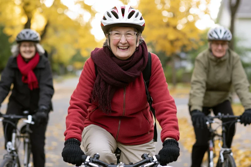Senior woman smiling while cycling with two friends on a leafy autumn path
