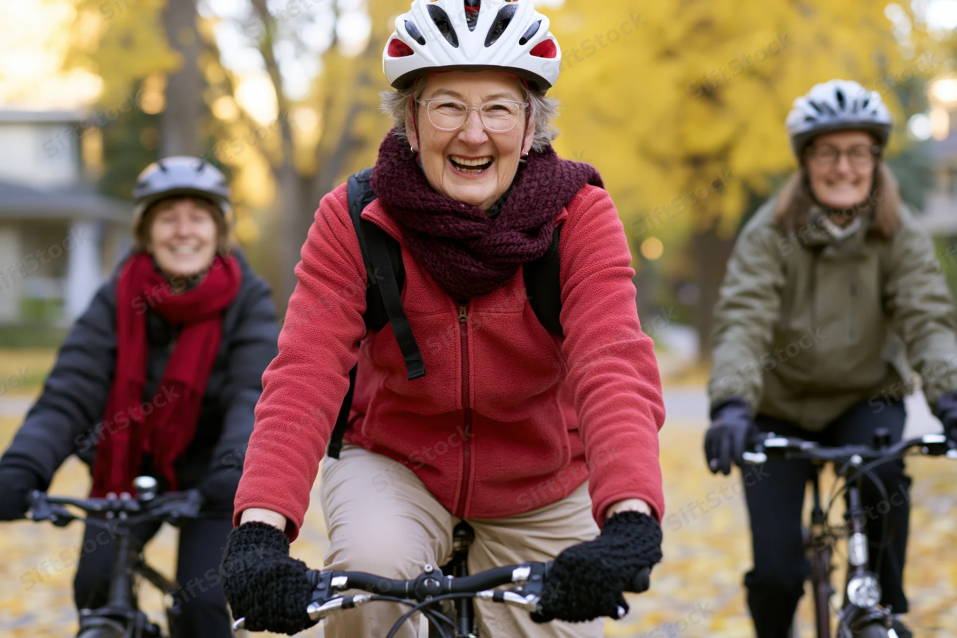 Three senior women smiling while cycling outdoors in autumn park