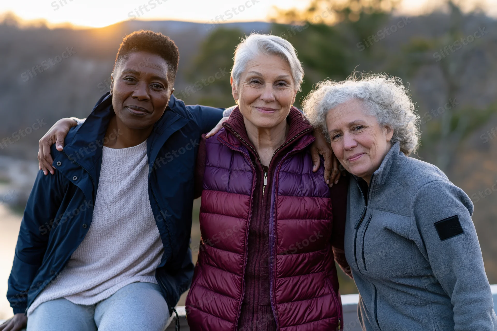 Three senior women smiling together outdoors at sunset near a river