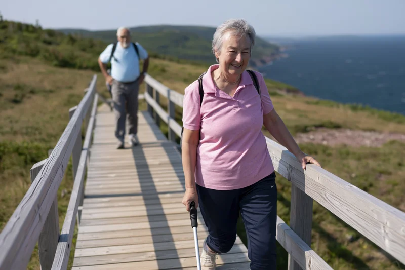 Senior woman hiking on wooden boardwalk with man behind, coastal hillside trail