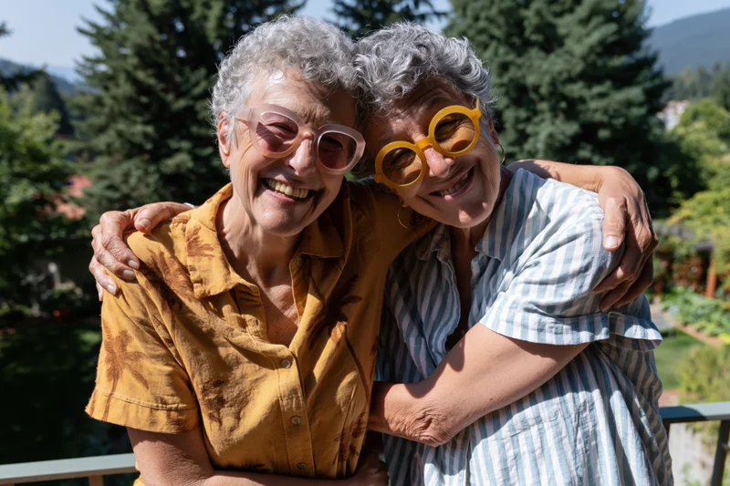 Two senior women hugging and smiling on a balcony surrounded by trees and mountains