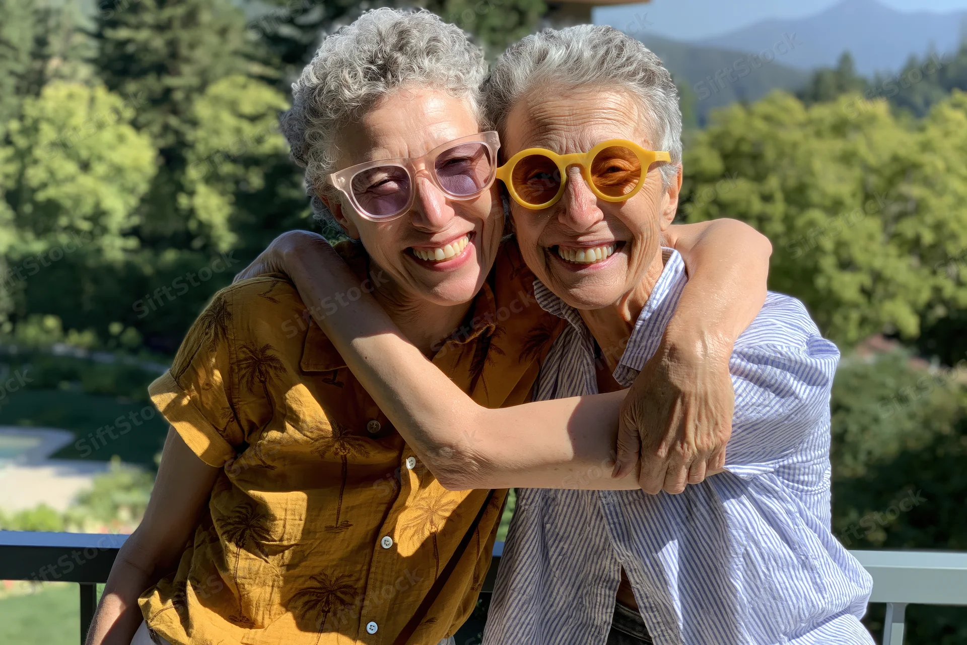 Two older women smiling and embracing on a balcony surrounded by trees and mountains