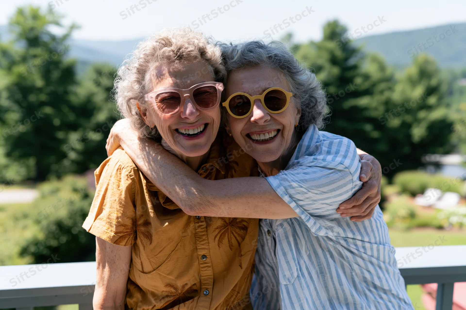 Two senior women embracing and smiling on a balcony outdoors