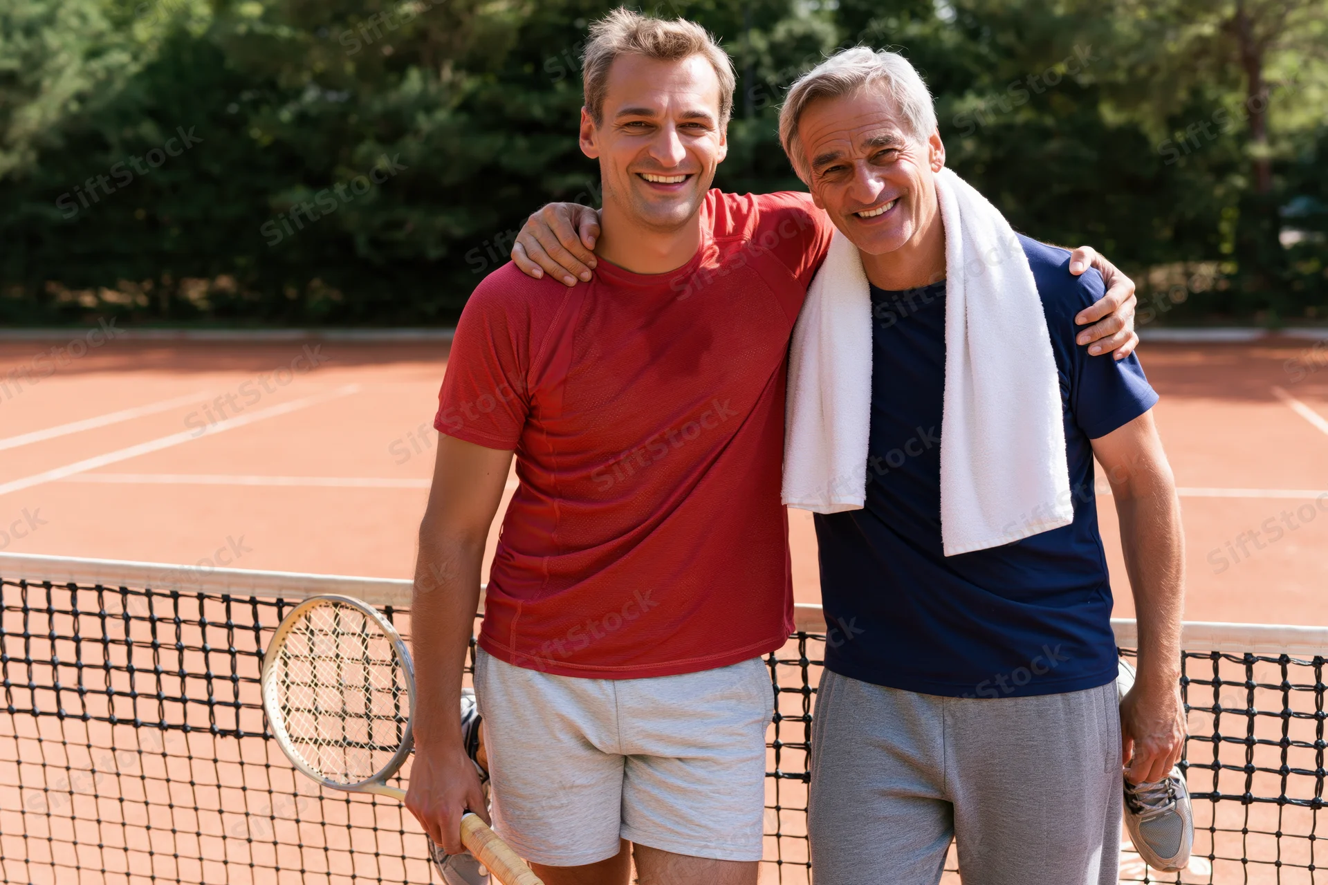 Two men smiling with arms around each other on a red clay tennis court holding rackets