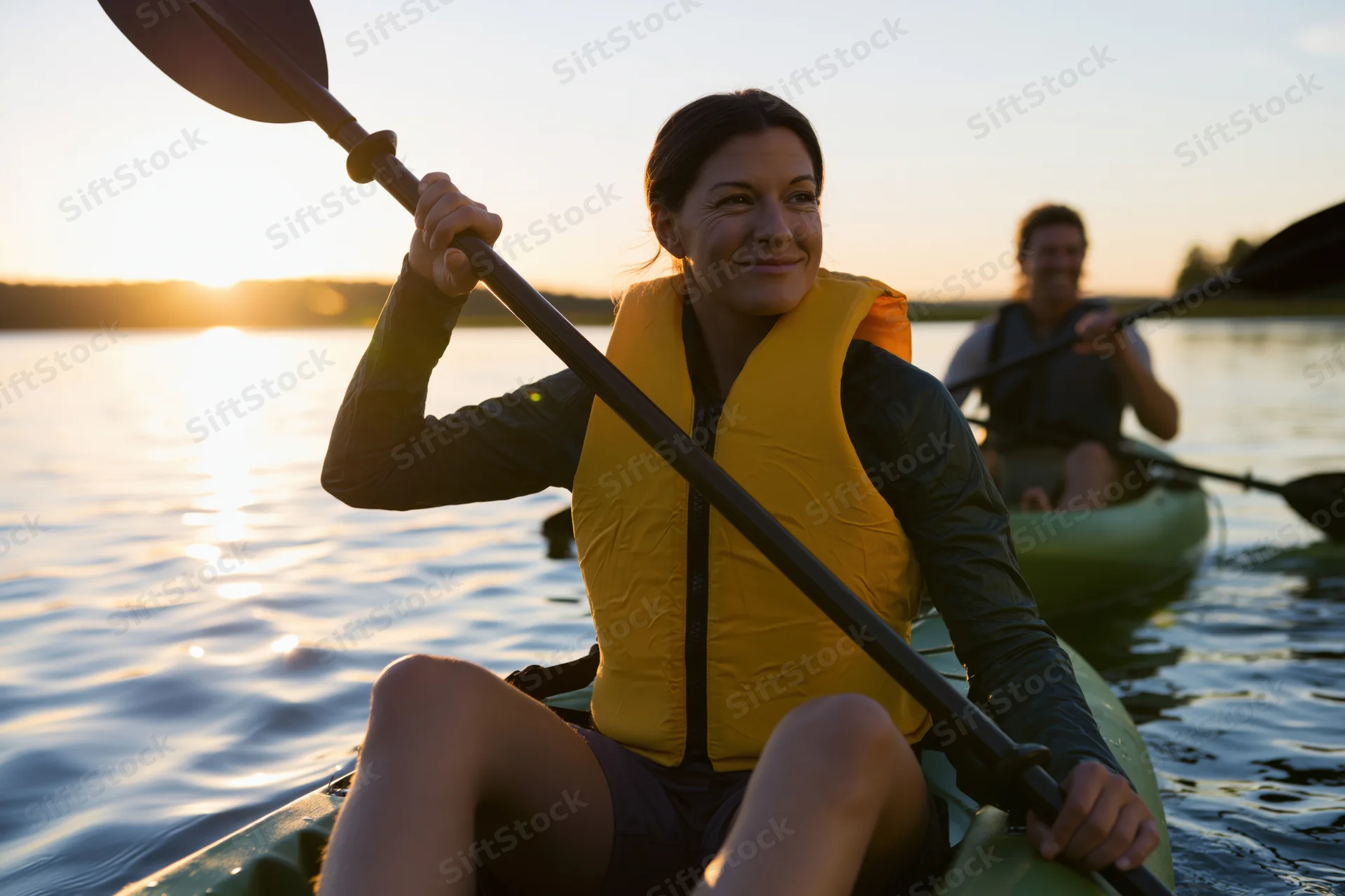 Woman smiling while kayaking on a lake at sunset with a man in another kayak nearby