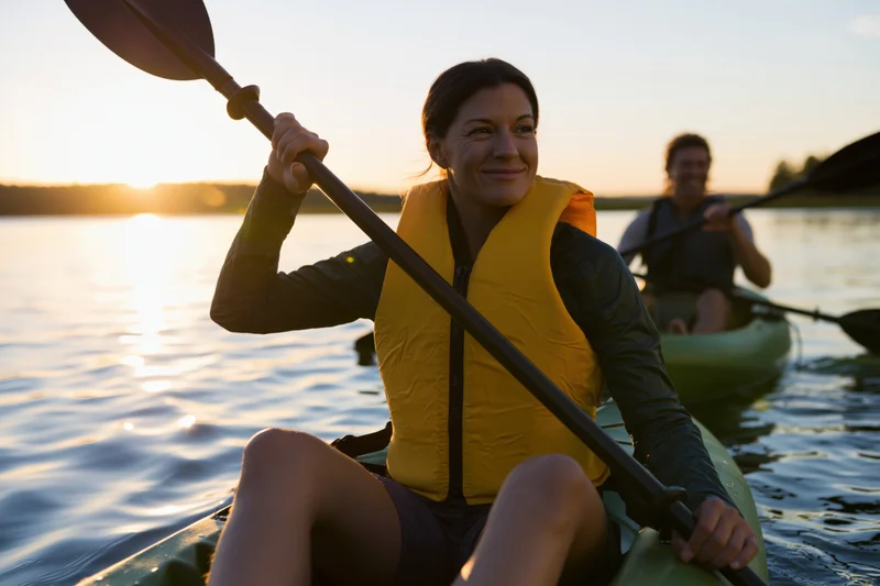 Woman smiling while kayaking on a lake at sunset with a man in another kayak nearby