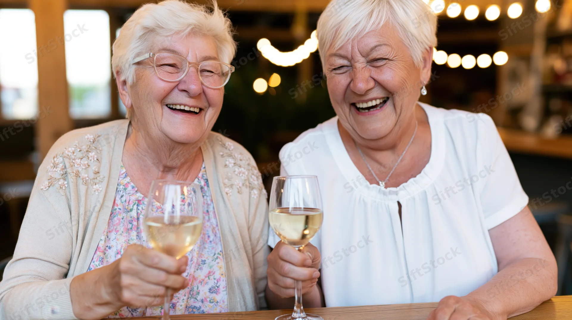 Two senior women laughing and toasting with white wine at a wooden table in an outdoor restaurant at evening