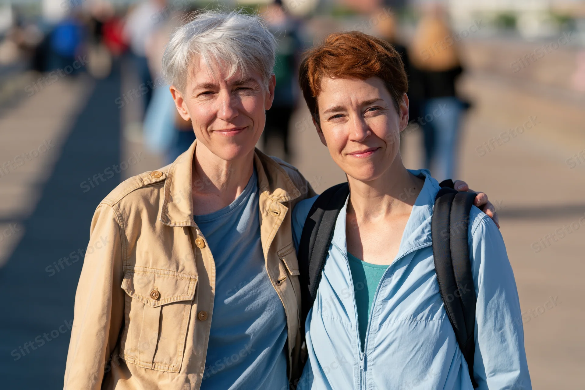 Two smiling women standing close together outdoors on a paved path