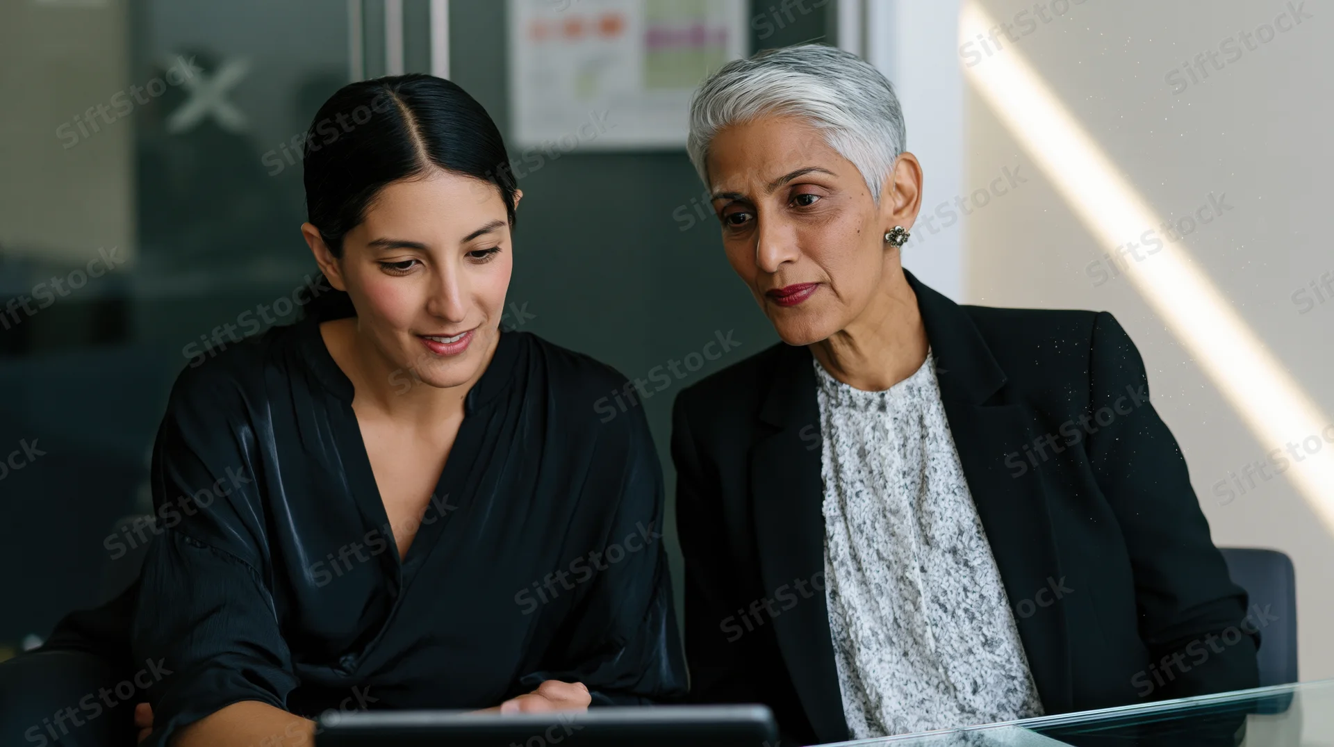 Two women discussing work at a glass desk in a modern office