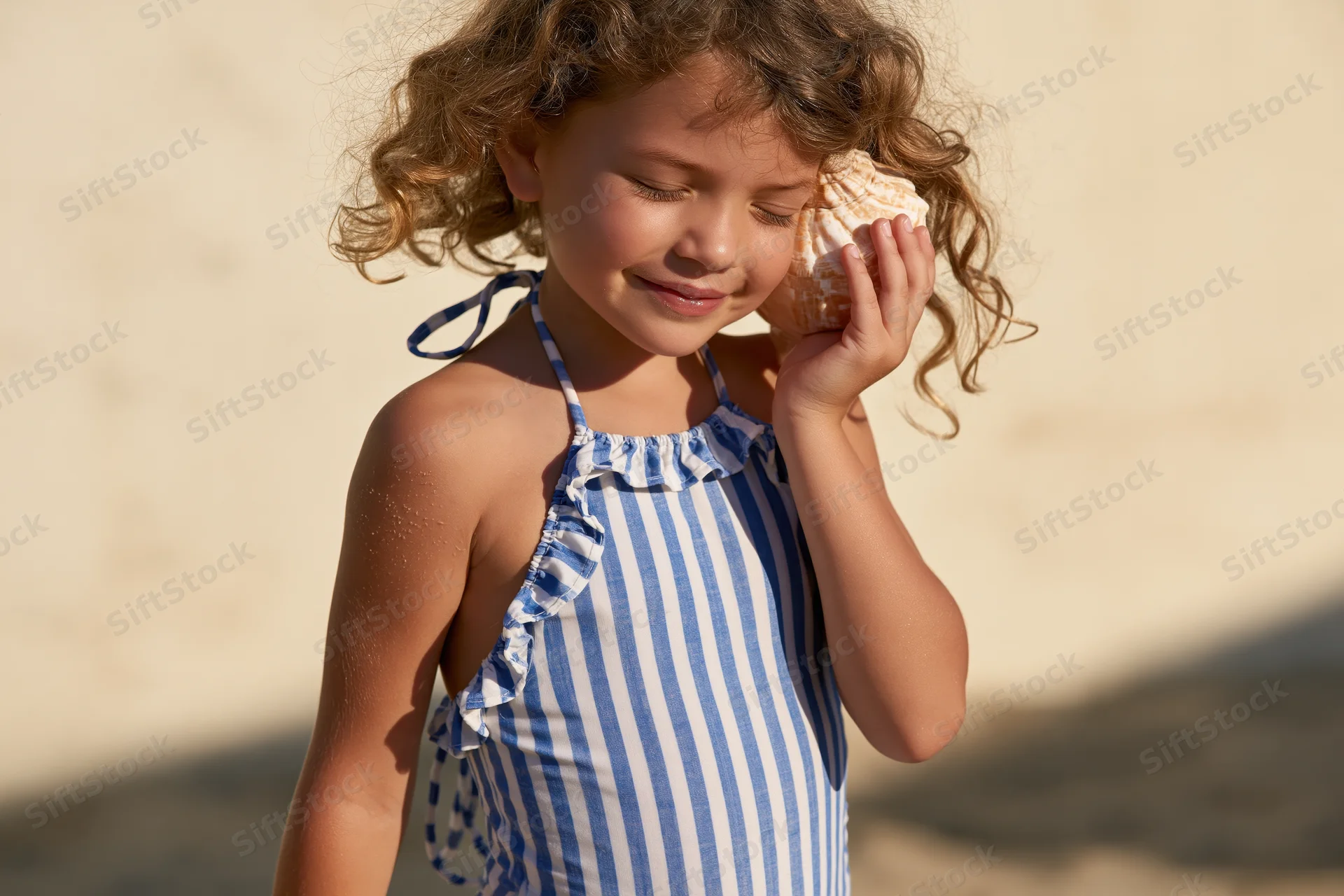 Young girl holding seashell to her ear on sandy beach