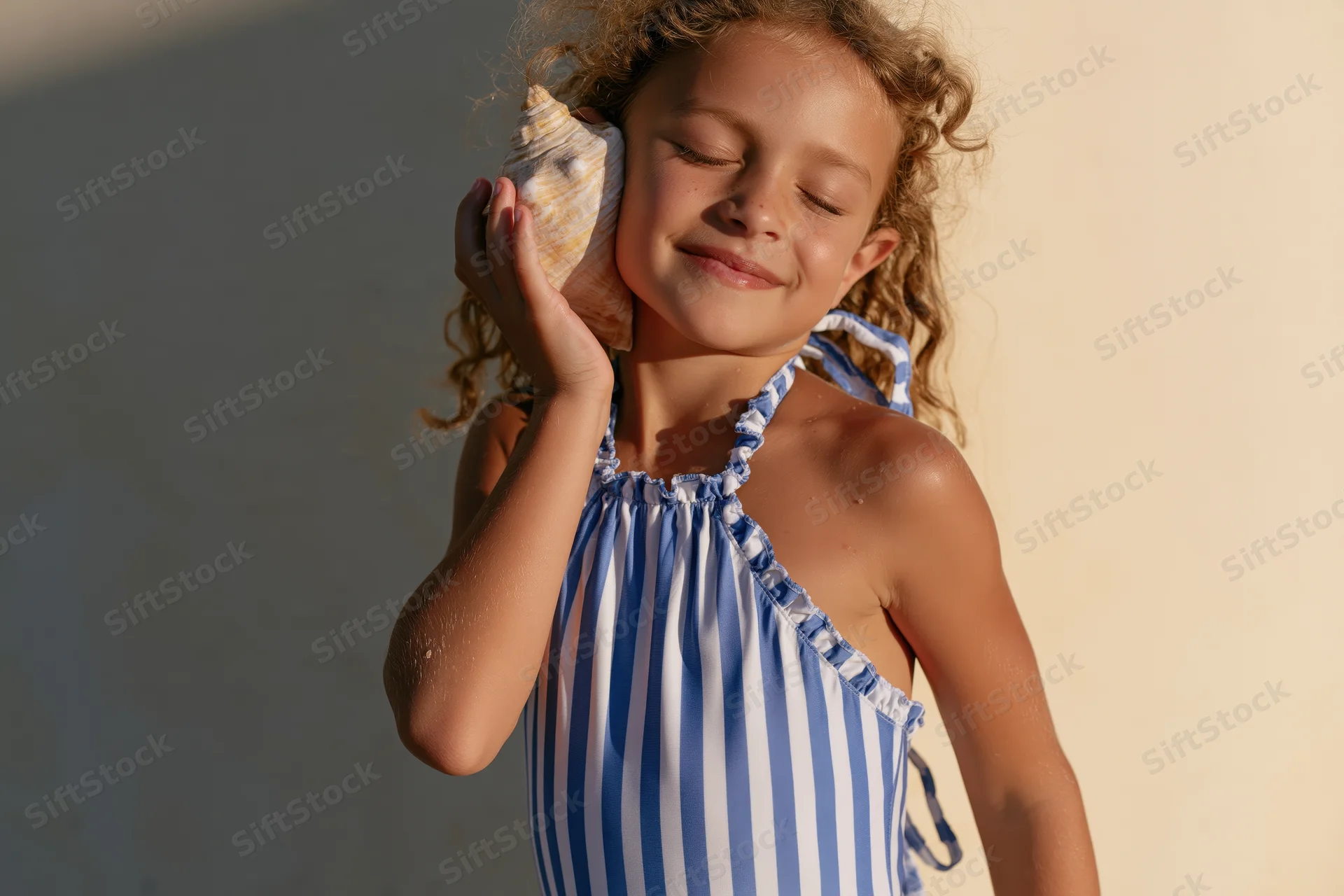 Young girl smiling while holding seashell to her ear on a sunlit beach