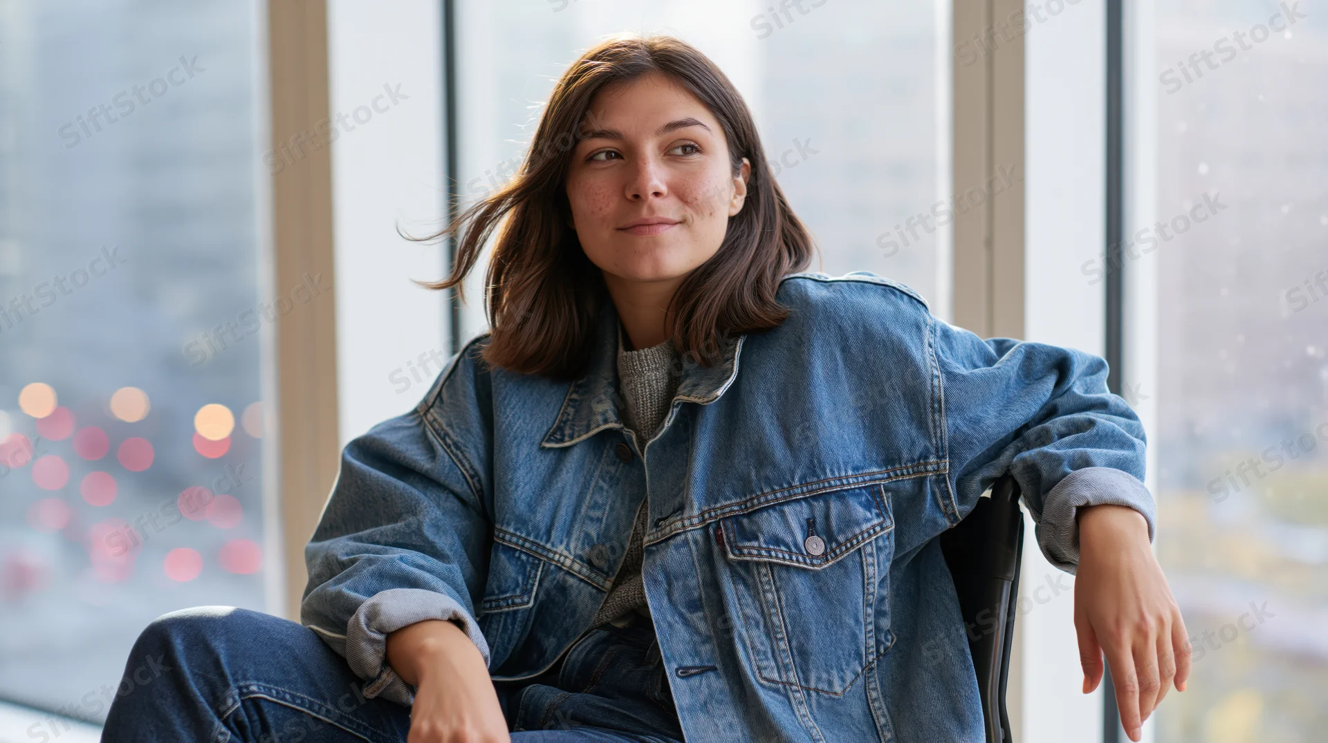 Young woman in denim jacket sitting by window in office, looking out at city view, relaxed and contemplative