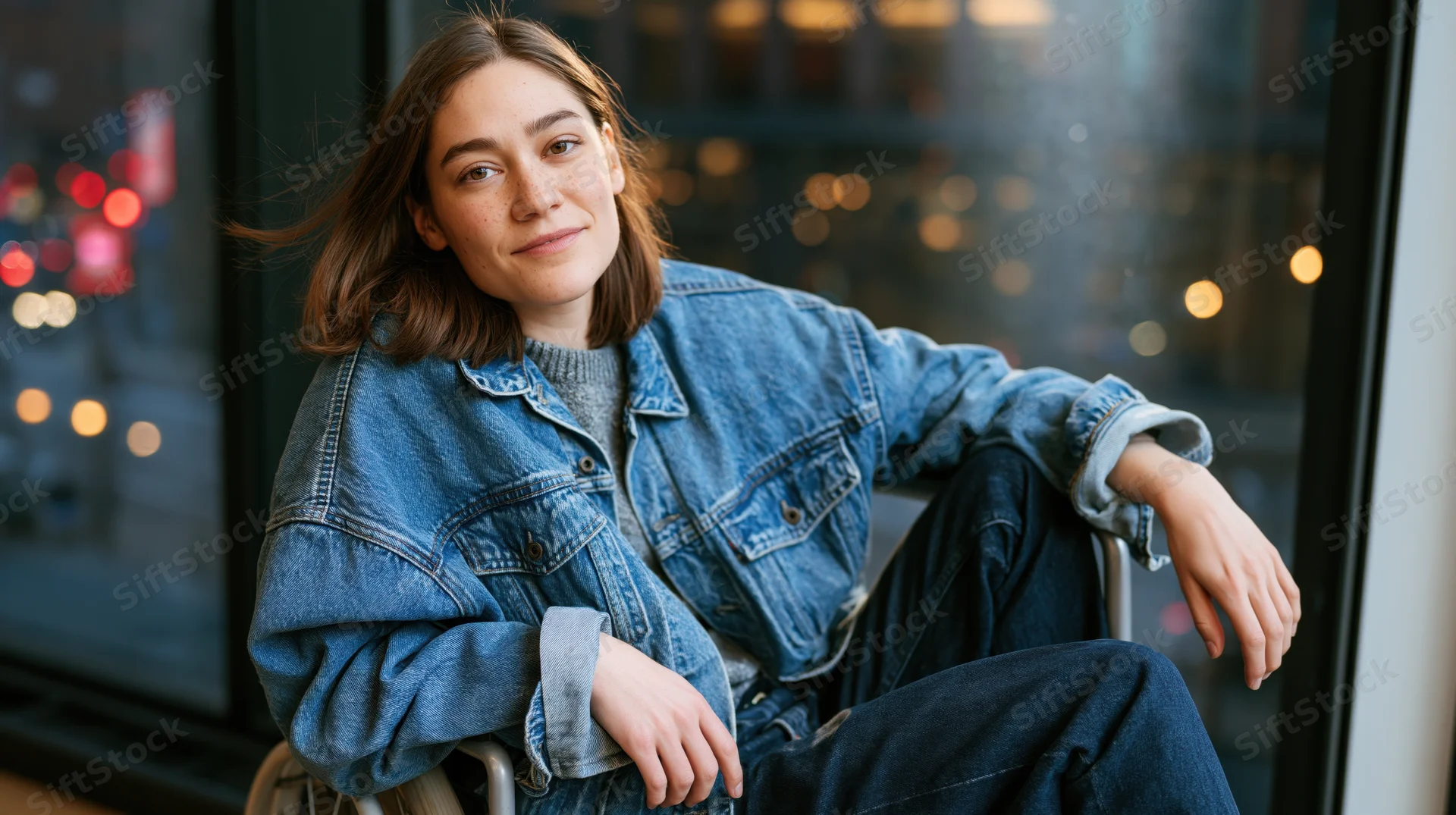 Young woman in denim jacket and jeans sitting relaxed by window at night in urban cafe interior