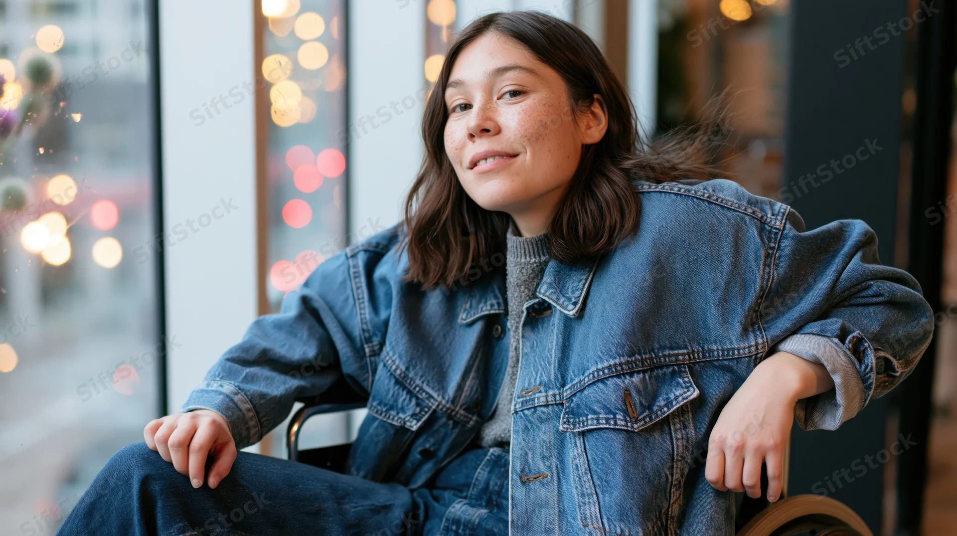 Young woman in wheelchair wearing denim jacket sitting by window with bokeh lights outside