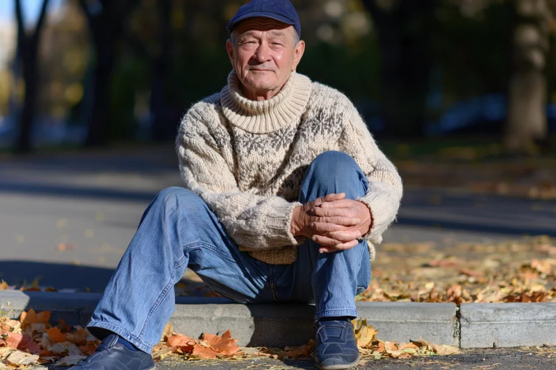 Elderly man sitting on curb in autumn park surrounded by fallen leaves