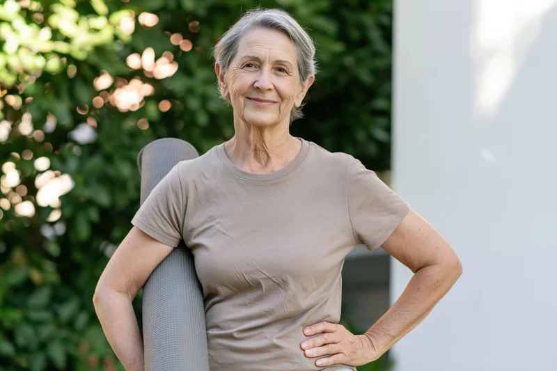 Senior woman holding yoga mat outdoors with hand on hip smiling