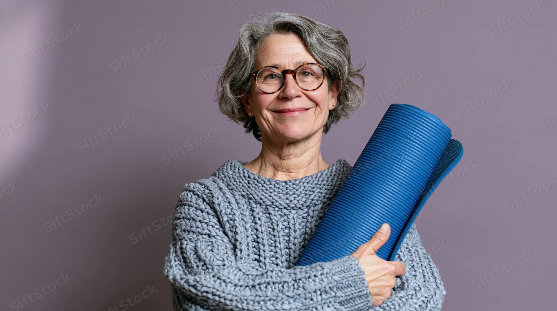 Senior woman holding a blue yoga mat, smiling, in a knitted sweater against a purple background