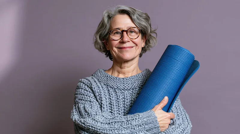 Senior woman holding a blue yoga mat, smiling, in a knitted sweater against a purple background