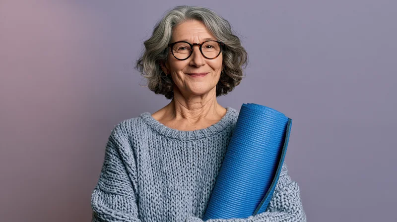 Senior woman holding a blue yoga mat, smiling in a studio setting