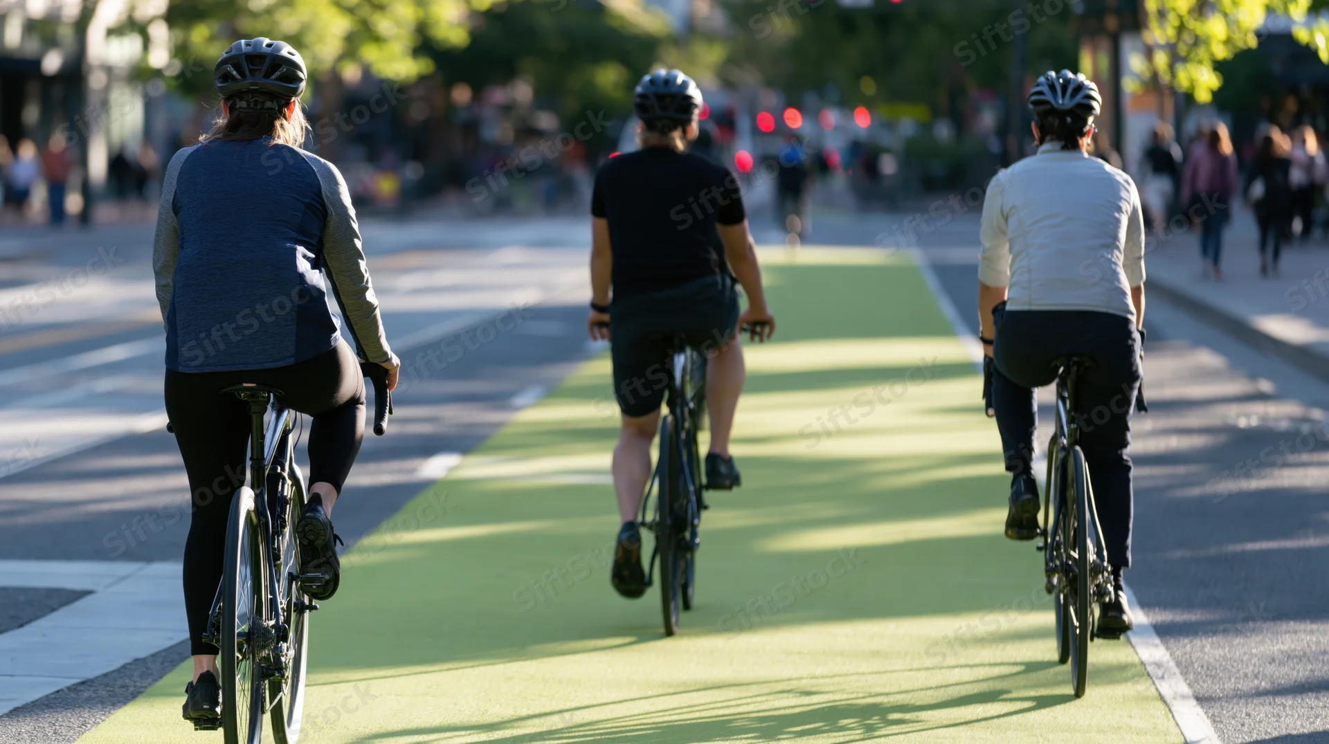 Three women cycling on a green bike lane in an urban street, rear view