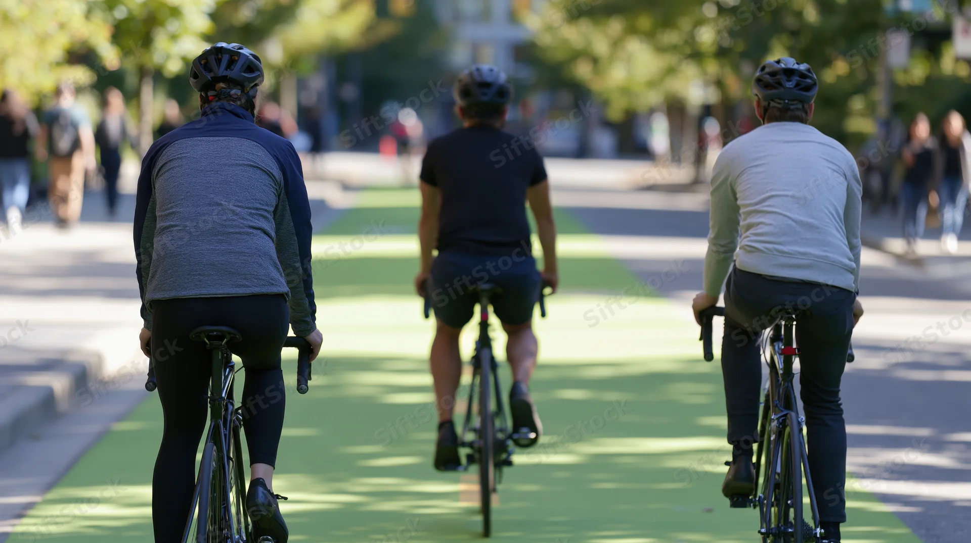 Three adult cyclists riding on a green bike lane in a city street