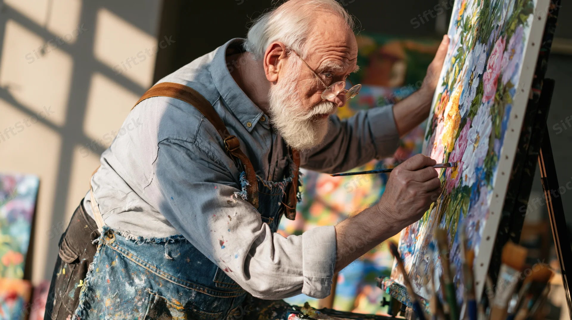 Elderly man painting flowers on canvas in studio with natural light