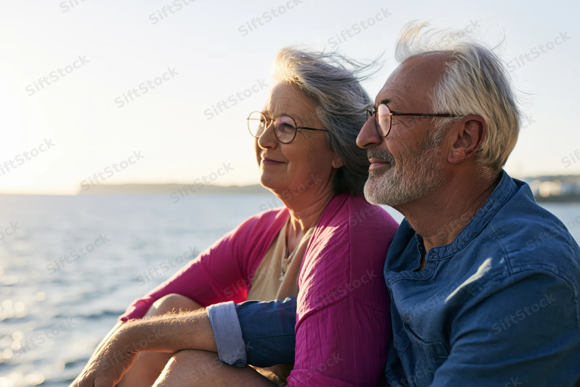 Senior couple sitting side by side by the ocean at sunset, both smiling and looking ahead, wind blowing their hair