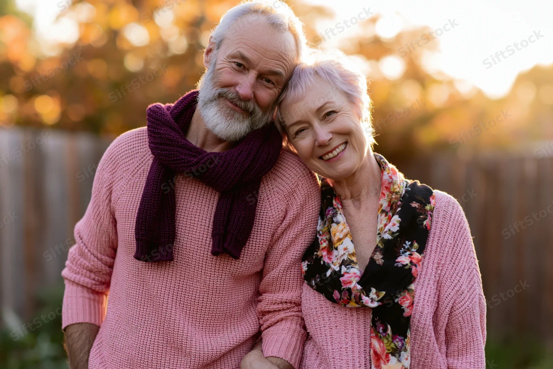 Senior couple smiling and embracing outdoors in a garden at sunset