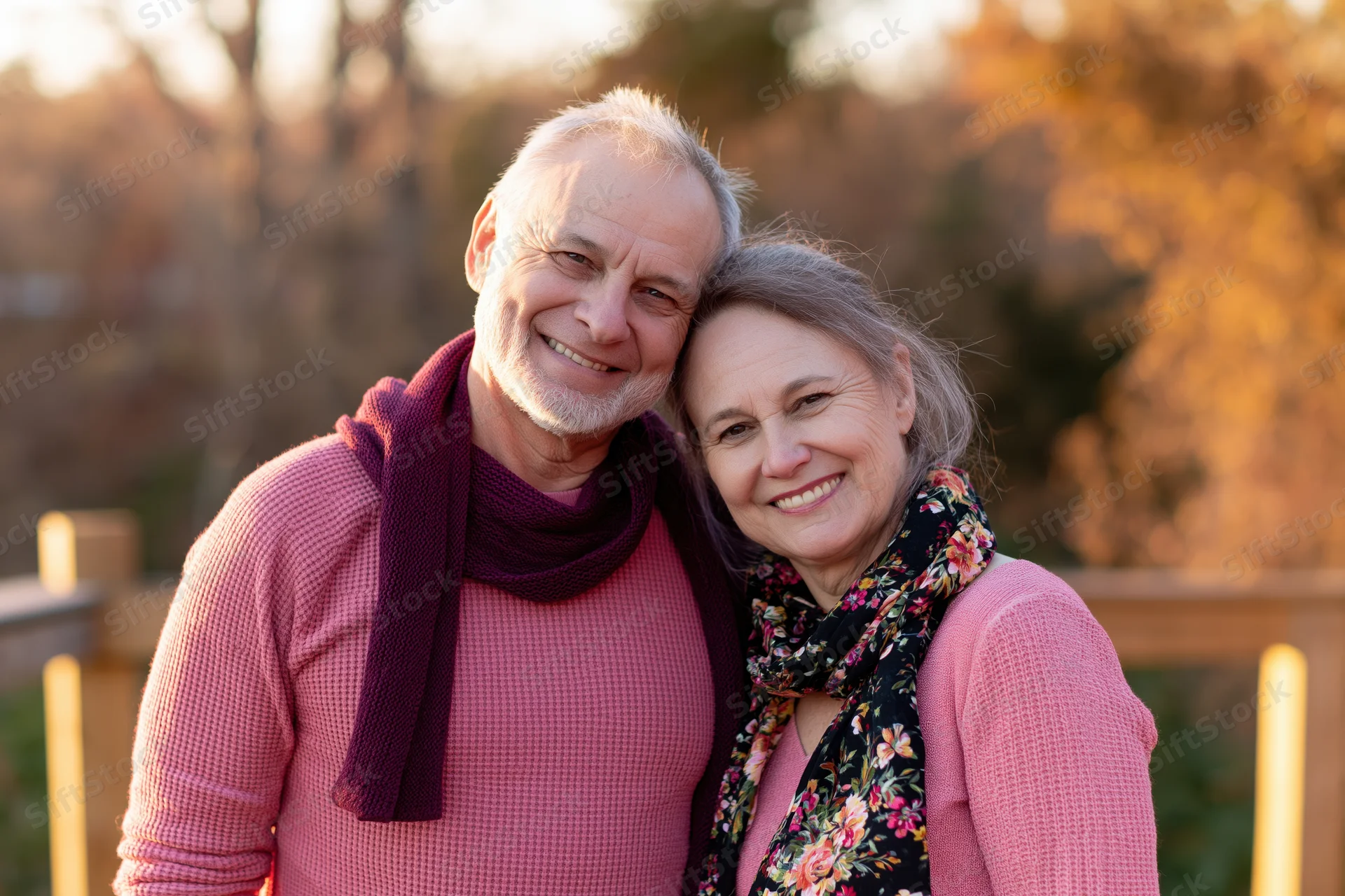 Older couple smiling and embracing outdoors in autumn light