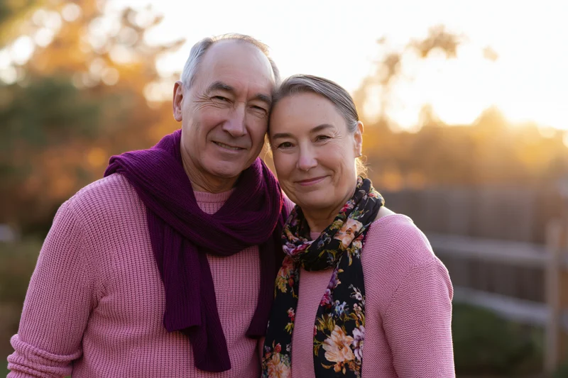 Senior couple smiling and embracing outdoors at sunset in a garden setting