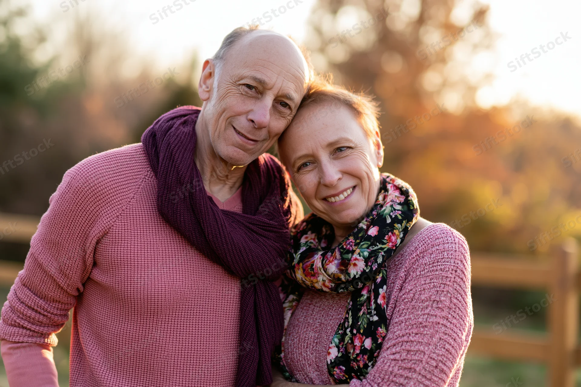Older couple smiling and embracing outdoors in a park at sunset